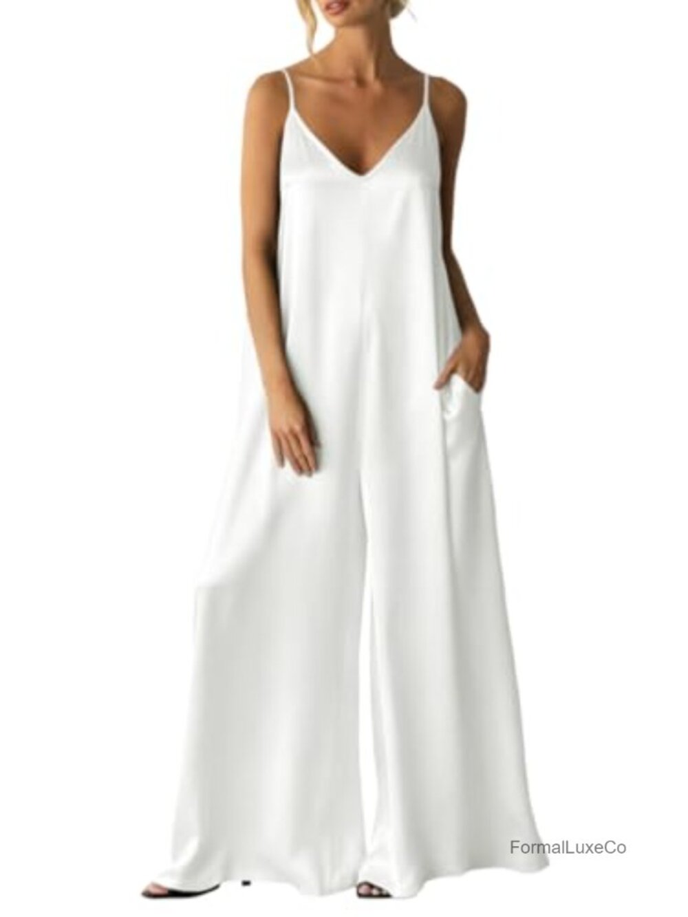 Satin Wide Leg Jumpsuit Sleeveless V-Neck Dressy Date Night Outfit
